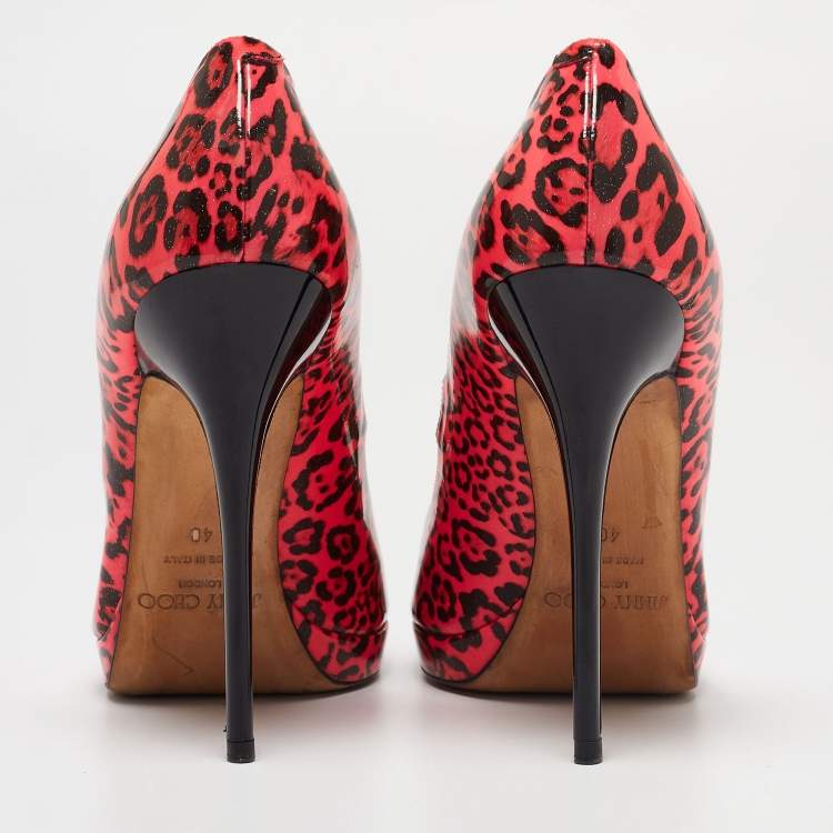 Pre Owned Jimmy Choo Pink Leopard Print Patent Leather Gesture Platform Pumps Size 40