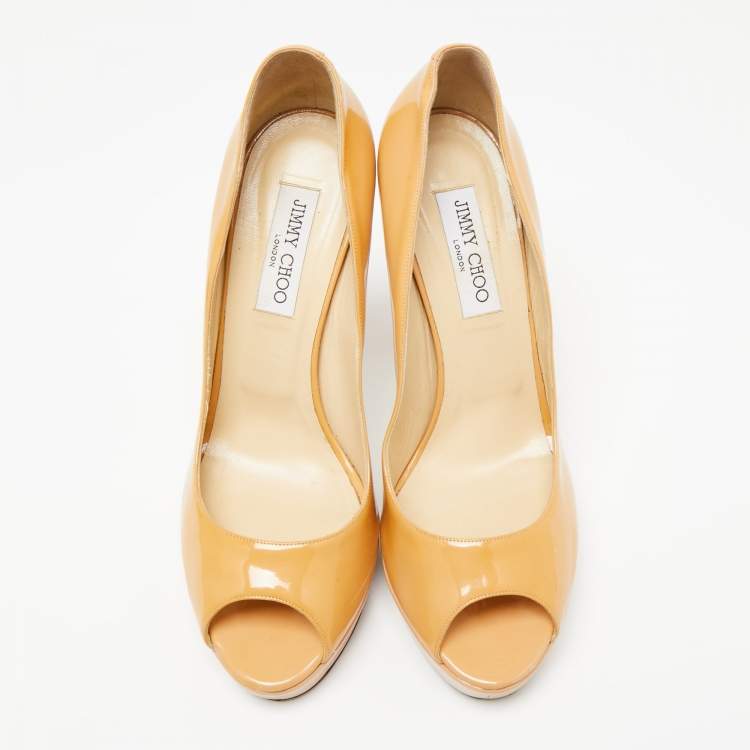 Pre Owned Jimmy Choo Beige Patent Leather Crown Peep-Toe Platform Pumps Size 41