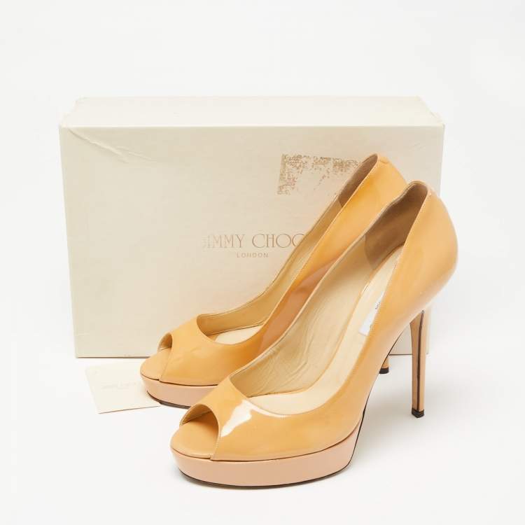 Pre Owned Jimmy Choo Beige Patent Leather Crown Peep-Toe Platform Pumps Size 41