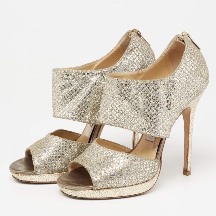 Pre Owned Jimmy Choo Silver/Gold Coarse Glitter Private Platform Sandals Size 37