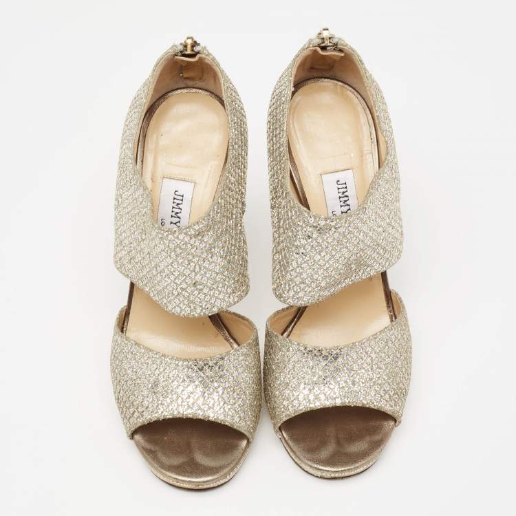 Pre Owned Jimmy Choo Silver/Gold Coarse Glitter Private Platform Sandals Size 37