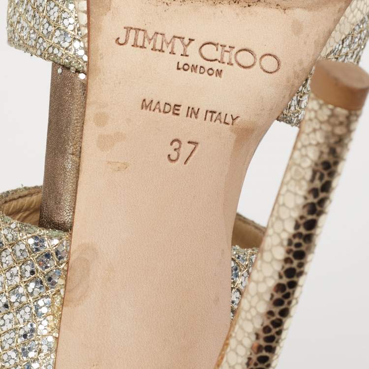 Pre Owned Jimmy Choo Silver/Gold Coarse Glitter Private Platform Sandals Size 37