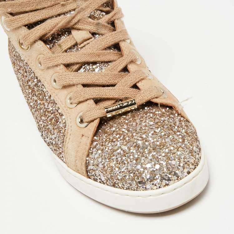 Pre Owned Jimmy Choo Gold/Beige Coarse Glitter and Suede Cash High-Top Sneakers Size 38