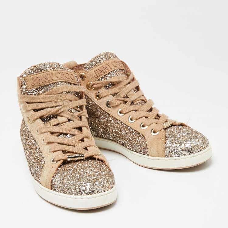 Pre Owned Jimmy Choo Gold/Beige Coarse Glitter and Suede Cash High-Top Sneakers Size 38