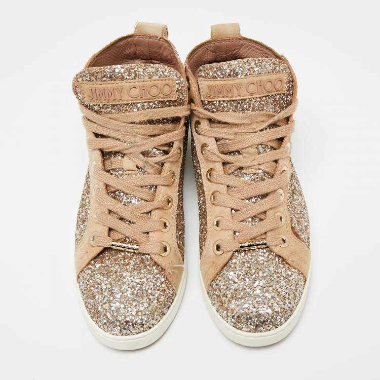 Pre Owned Jimmy Choo Gold/Beige Coarse Glitter and Suede Cash High-Top Sneakers Size 38