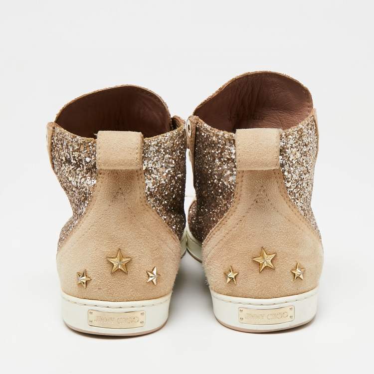 Pre Owned Jimmy Choo Gold/Beige Coarse Glitter and Suede Cash High-Top Sneakers Size 38