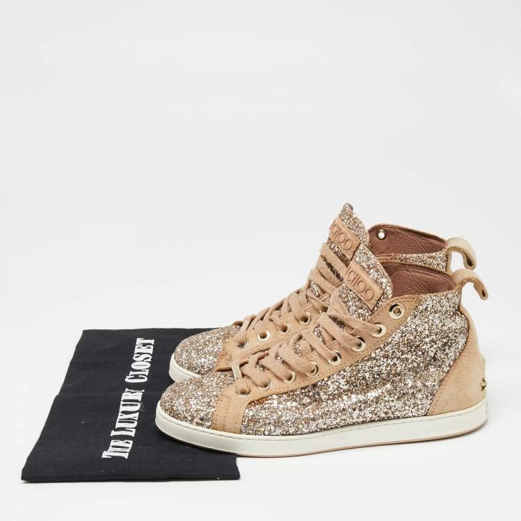 Pre Owned Jimmy Choo Gold/Beige Coarse Glitter and Suede Cash High-Top Sneakers Size 38