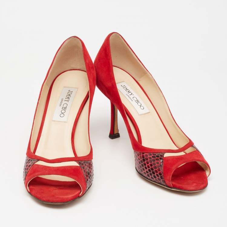Pre Owned Jimmy Choo Red Suede And Snakeskin Peep Toe Pumps Size 37.5