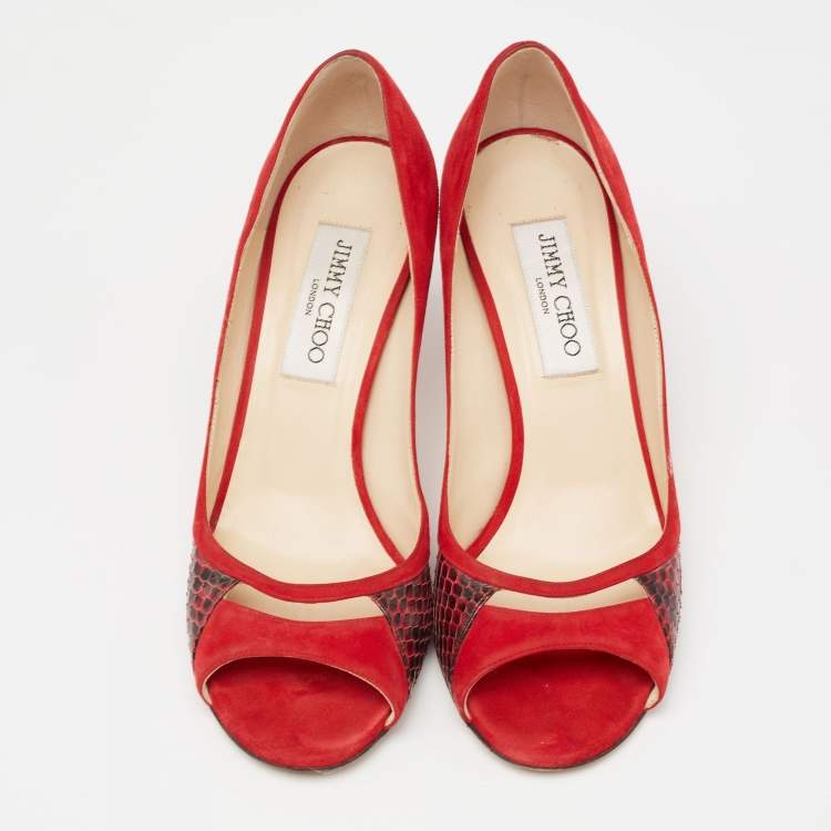 Pre Owned Jimmy Choo Red Suede And Snakeskin Peep Toe Pumps Size 37.5