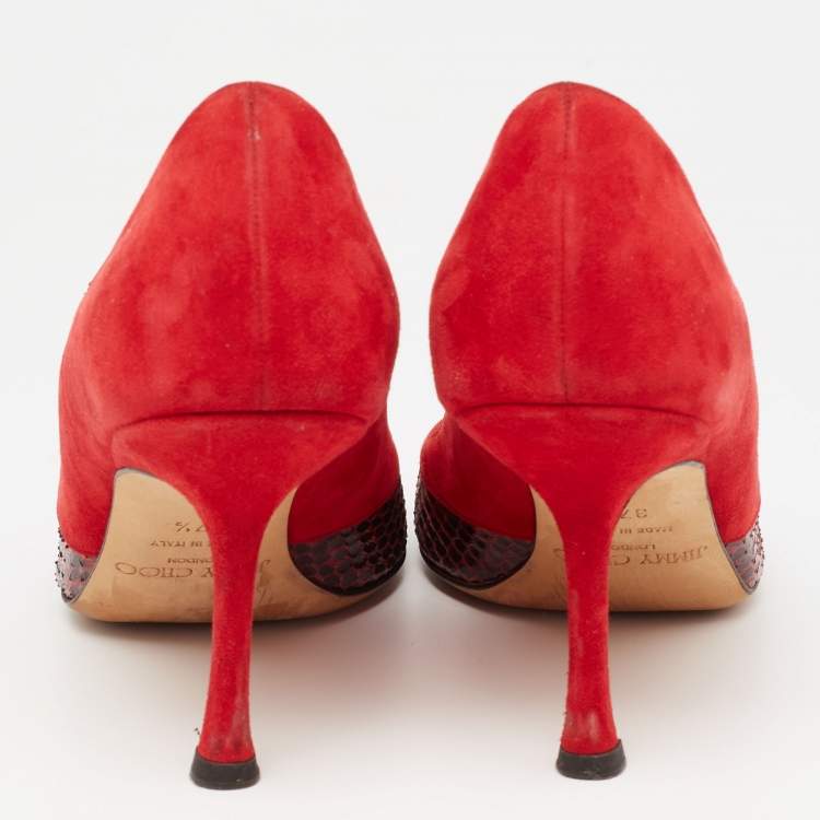 Pre Owned Jimmy Choo Red Suede And Snakeskin Peep Toe Pumps Size 37.5