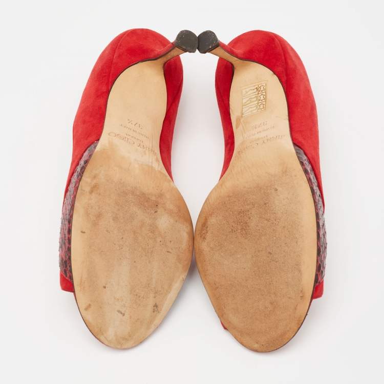 Pre Owned Jimmy Choo Red Suede And Snakeskin Peep Toe Pumps Size 37.5