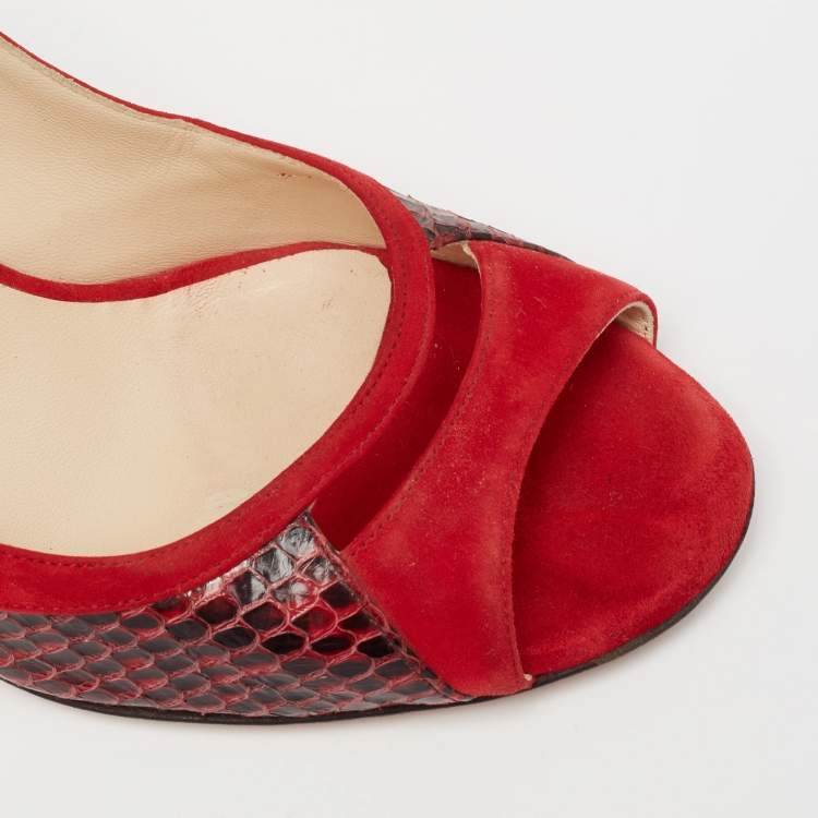 Pre Owned Jimmy Choo Red Suede And Snakeskin Peep Toe Pumps Size 37.5