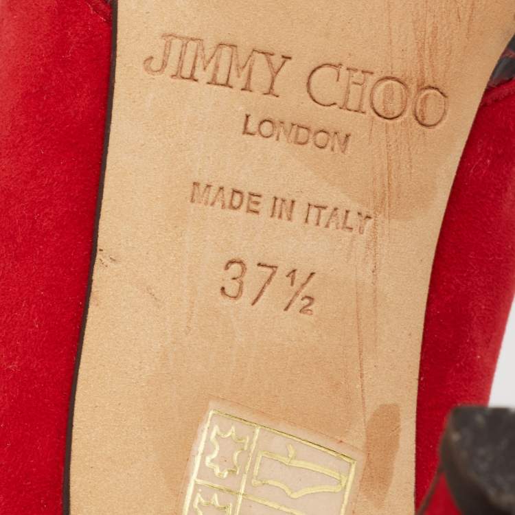 Pre Owned Jimmy Choo Red Suede And Snakeskin Peep Toe Pumps Size 37.5