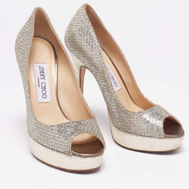 Pre Owned Jimmy Choo Silver/Gold Coarse Glitter Crown Peep-Toe Platform Pumps Size 36.5