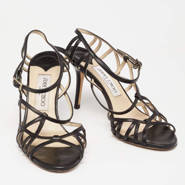 Pre Owned Jimmy Choo Black Leather Strappy Sandals Size 36.5