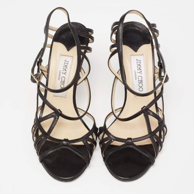 Pre Owned Jimmy Choo Black Leather Strappy Sandals Size 36.5