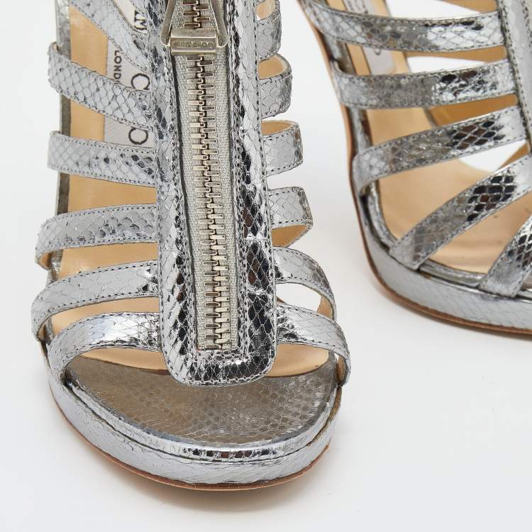 Pre Owned Jimmy Choo Metallic Silver Snake Embossed Leather Glenys Gladiator Sandals Size 38