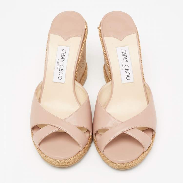 Pre Owned Jimmy Choo Pink Leather Almer 105 Cork And Espadrille Wedge Sandals Size 40