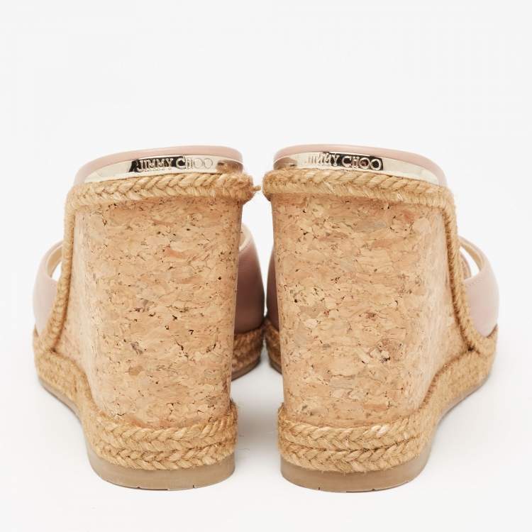 Pre Owned Jimmy Choo Pink Leather Almer 105 Cork And Espadrille Wedge Sandals Size 40