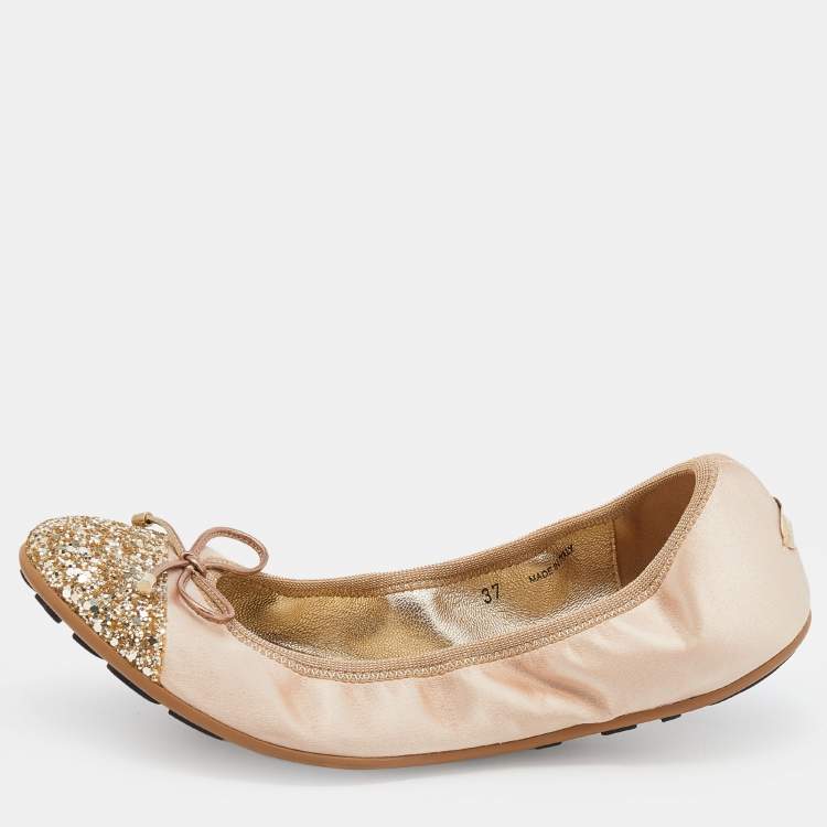 Pre Owned Jimmy Choo Beige/Gold Satin And Glitter Cap Toe Winnie Scrunch Ballet Flats Size 37