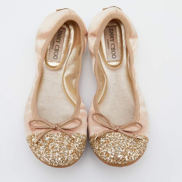 Pre Owned Jimmy Choo Beige/Gold Satin And Glitter Cap Toe Winnie Scrunch Ballet Flats Size 37