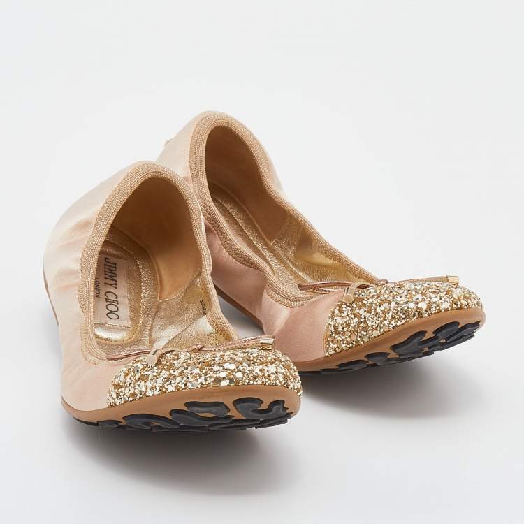 Pre Owned Jimmy Choo Beige/Gold Satin And Glitter Cap Toe Winnie Scrunch Ballet Flats Size 37