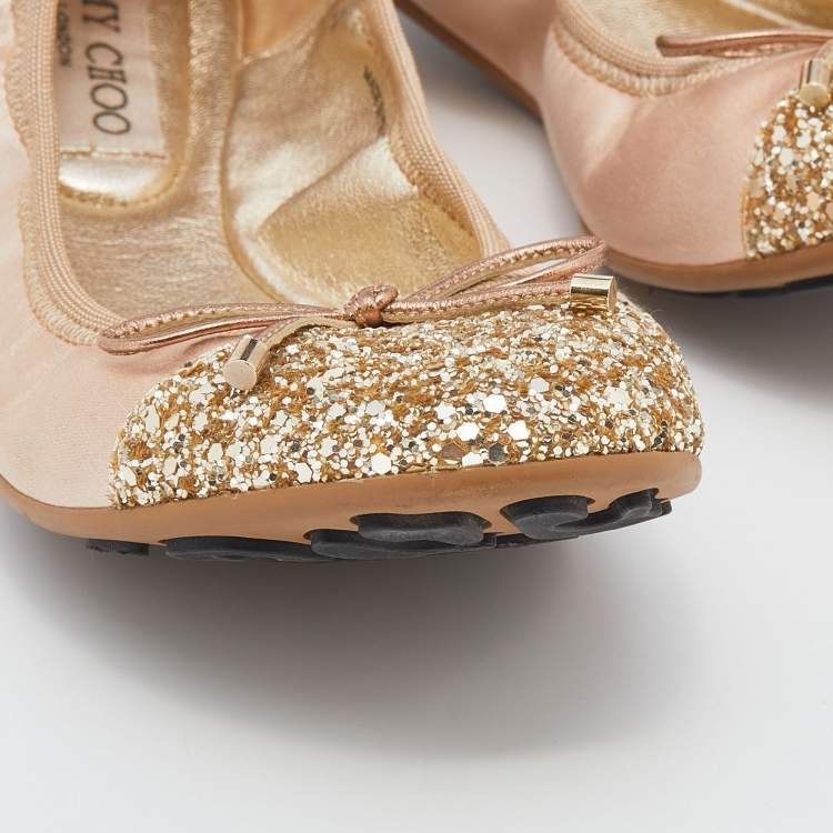 Pre Owned Jimmy Choo Beige/Gold Satin And Glitter Cap Toe Winnie Scrunch Ballet Flats Size 37
