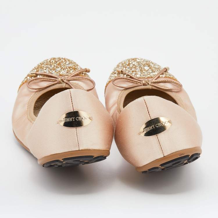 Pre Owned Jimmy Choo Beige/Gold Satin And Glitter Cap Toe Winnie Scrunch Ballet Flats Size 37