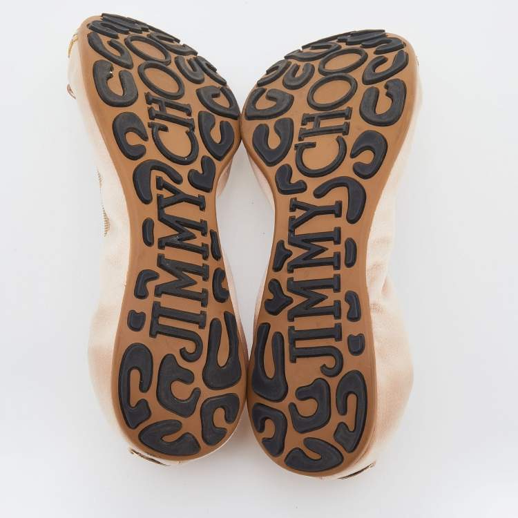 Pre Owned Jimmy Choo Beige/Gold Satin And Glitter Cap Toe Winnie Scrunch Ballet Flats Size 37