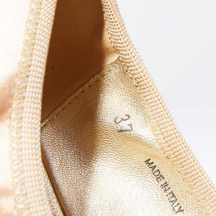 Pre Owned Jimmy Choo Beige/Gold Satin And Glitter Cap Toe Winnie Scrunch Ballet Flats Size 37