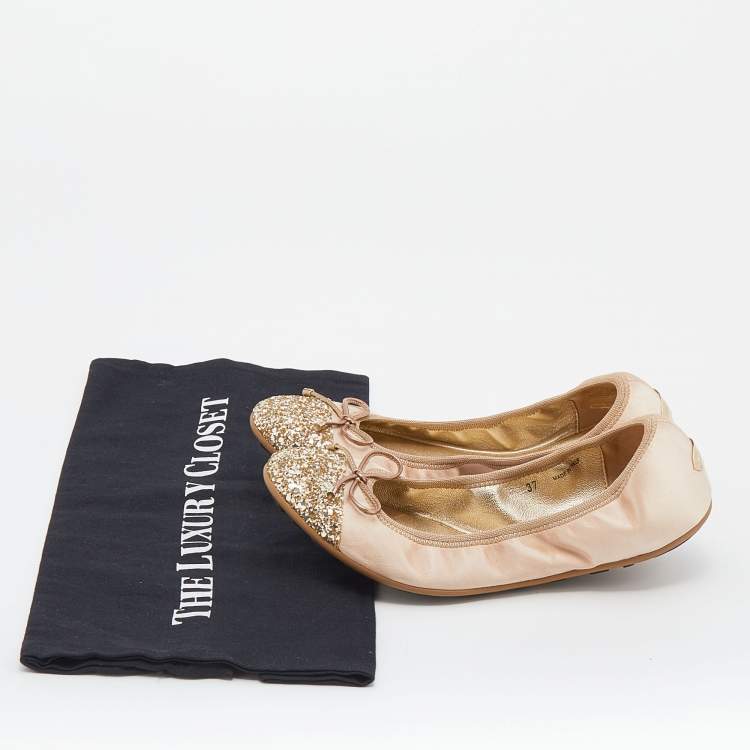 Pre Owned Jimmy Choo Beige/Gold Satin And Glitter Cap Toe Winnie Scrunch Ballet Flats Size 37