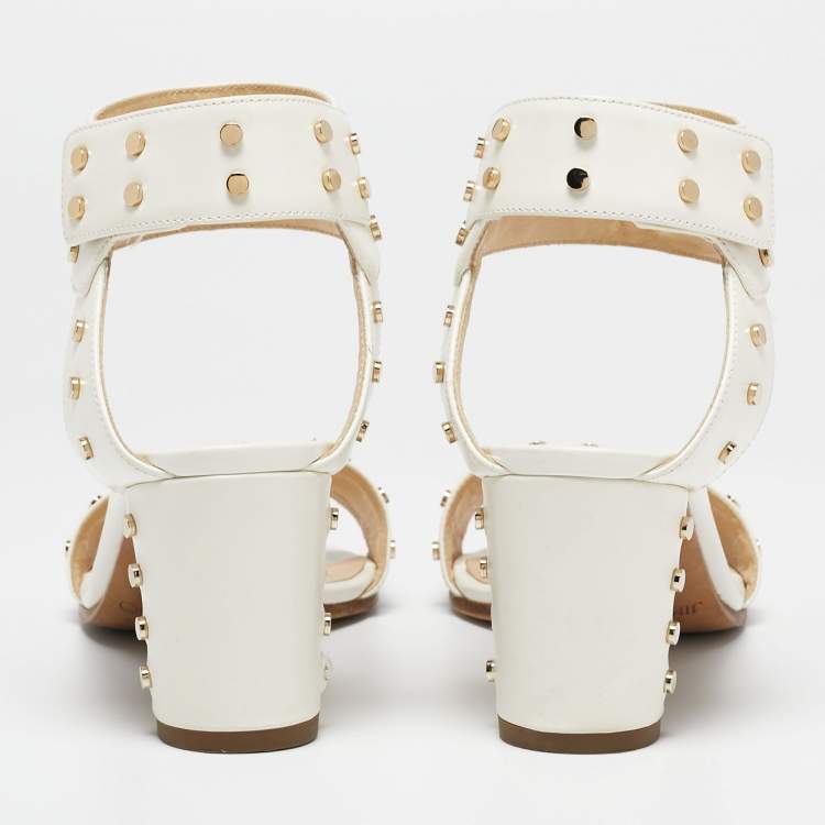 Pre Owned Jimmy Choo Cream Leather Studded Open Toe Ankle Strap Sandals Size 37.5