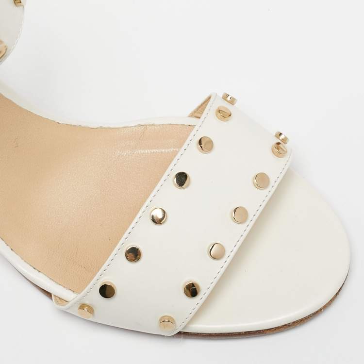 Pre Owned Jimmy Choo Cream Leather Studded Open Toe Ankle Strap Sandals Size 37.5