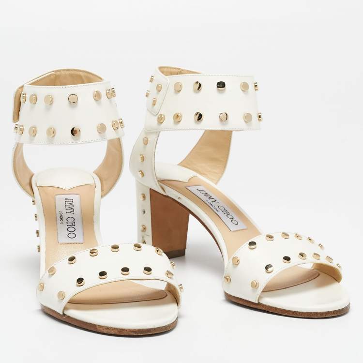 Pre Owned Jimmy Choo Cream Leather Studded Open Toe Ankle Strap Sandals Size 37.5