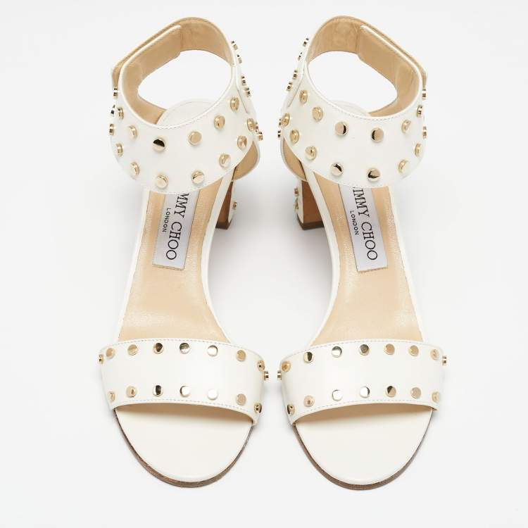 Pre Owned Jimmy Choo Cream Leather Studded Open Toe Ankle Strap Sandals Size 37.5