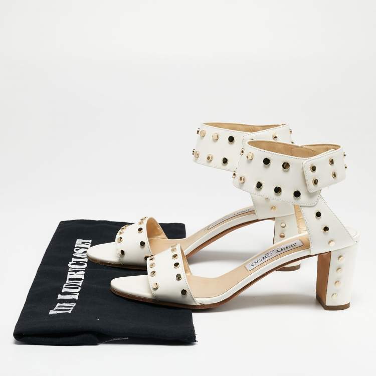 Pre Owned Jimmy Choo Cream Leather Studded Open Toe Ankle Strap Sandals Size 37.5