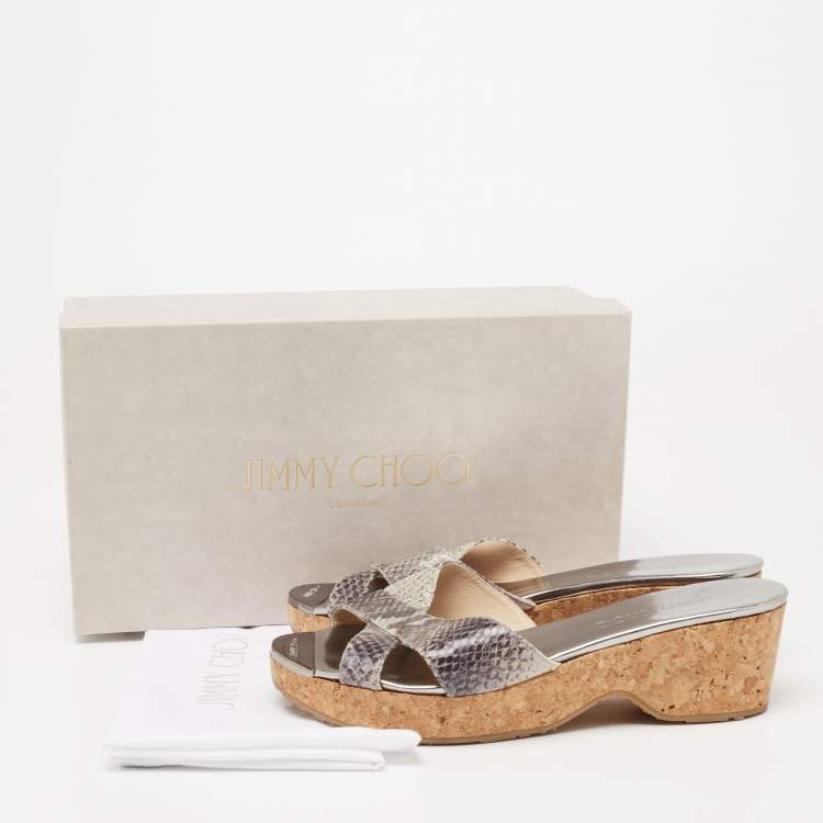 Pre Owned Jimmy Choo Silver Python Embossed Leather Crisscross Prima Cork Wedge Slide Sandals Size 36.5