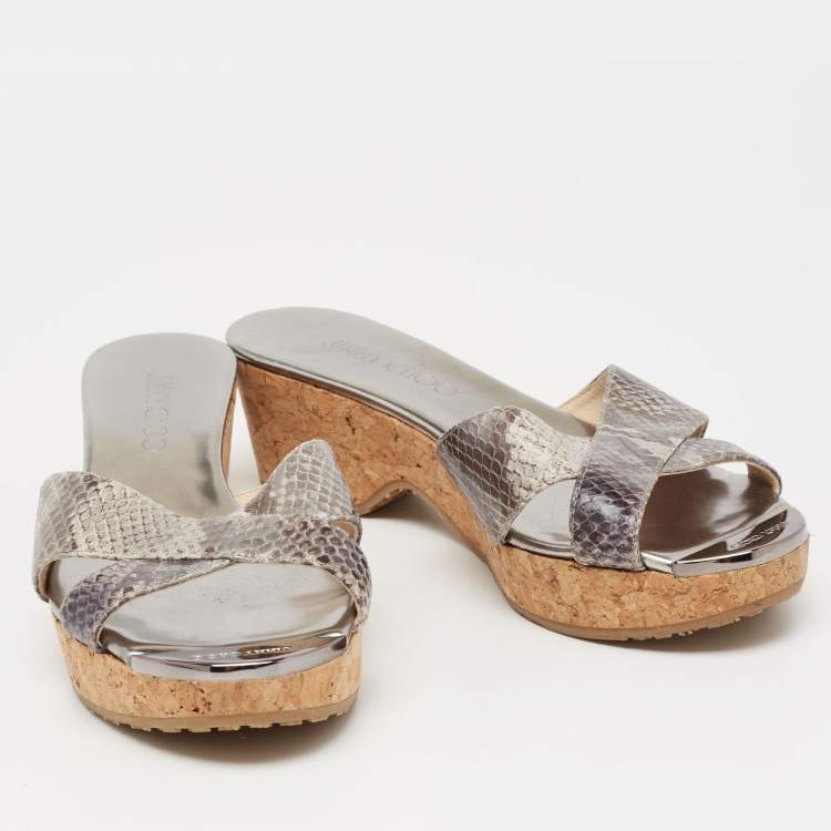 Pre Owned Jimmy Choo Silver Python Embossed Leather Crisscross Prima Cork Wedge Slide Sandals Size 36.5