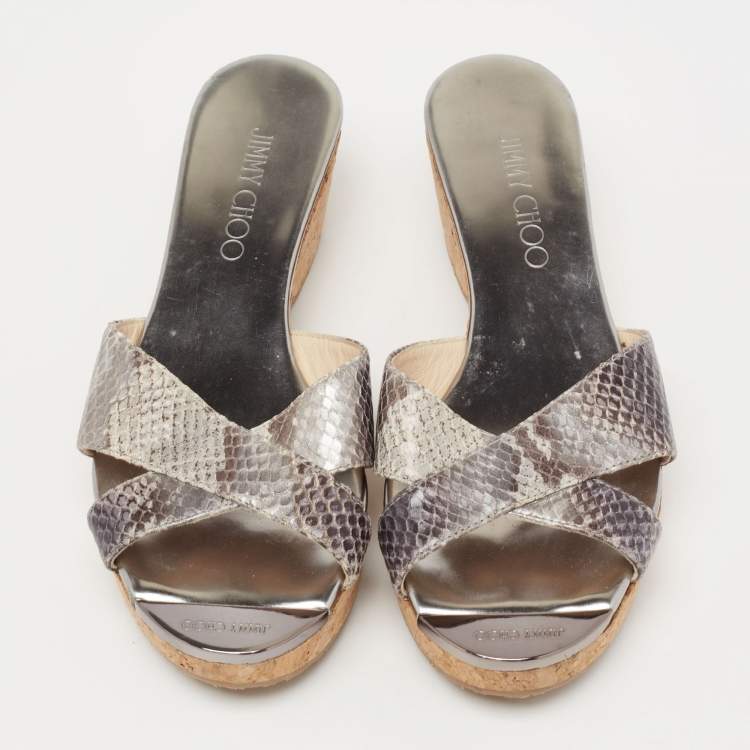 Pre Owned Jimmy Choo Silver Python Embossed Leather Crisscross Prima Cork Wedge Slide Sandals Size 36.5