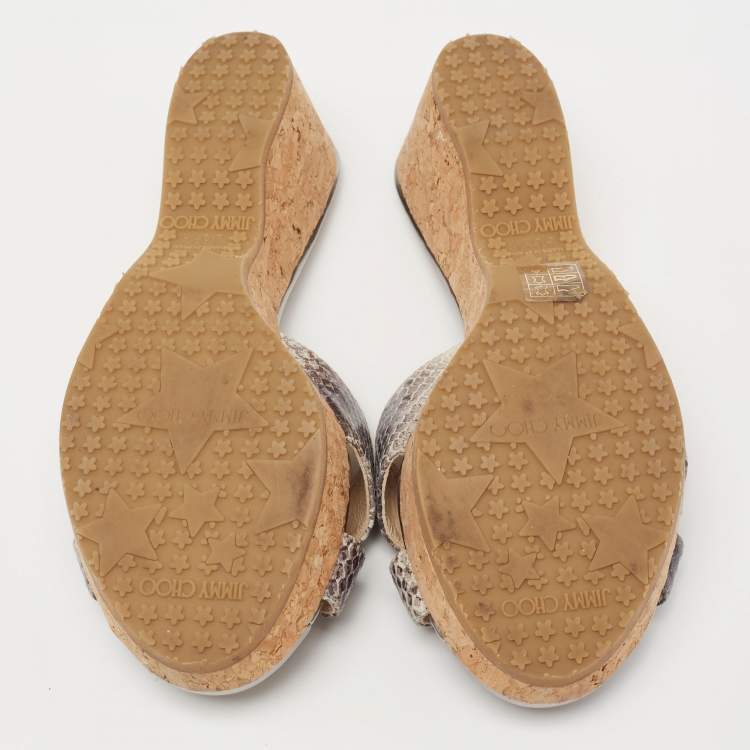 Pre Owned Jimmy Choo Silver Python Embossed Leather Crisscross Prima Cork Wedge Slide Sandals Size 36.5
