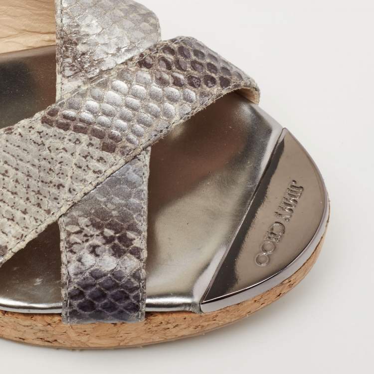 Pre Owned Jimmy Choo Silver Python Embossed Leather Crisscross Prima Cork Wedge Slide Sandals Size 36.5