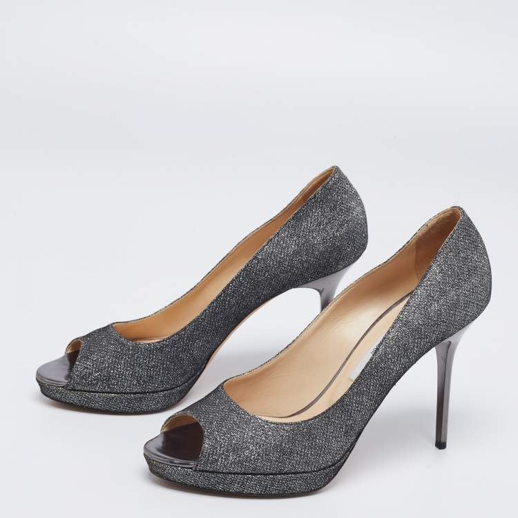 Pre Owned Jimmy Choo Silver Glitter Dahlia Platform Pumps Size 40
