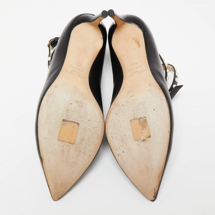 Pre Owned Jimmy Choo Black Leather Ankle Wrap Pointed Toe Booties Size 38.5