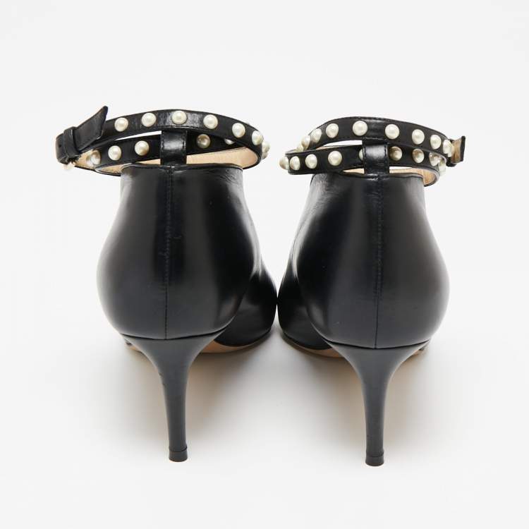 Pre Owned Jimmy Choo Black Leather Ankle Wrap Pointed Toe Booties Size 38.5