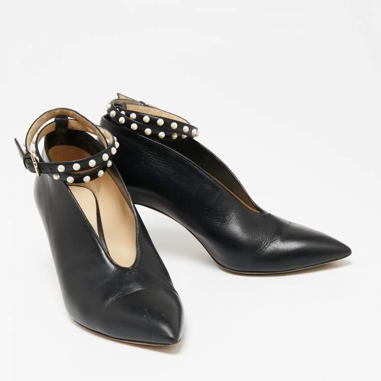 Pre Owned Jimmy Choo Black Leather Ankle Wrap Pointed Toe Booties Size 38.5