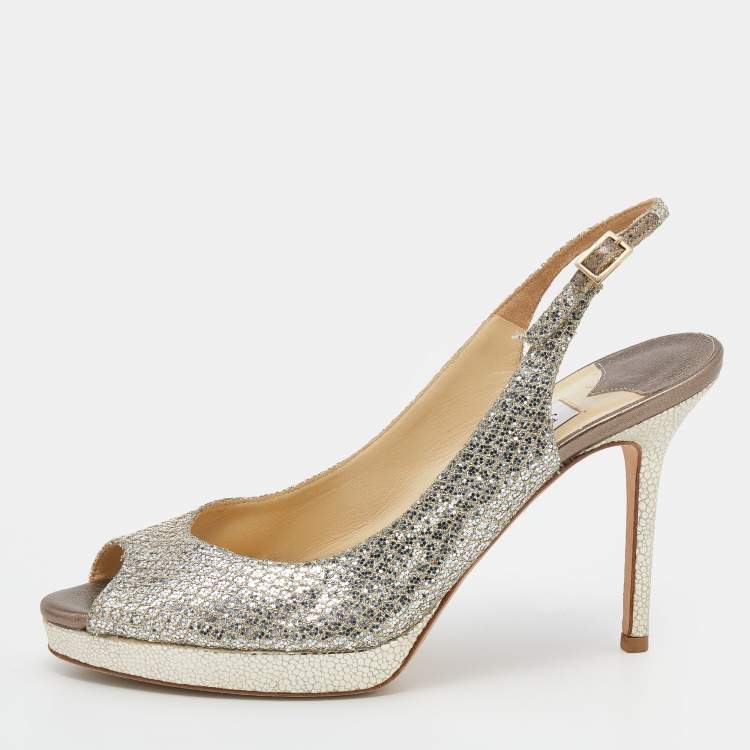 Pre Owned Jimmy Choo Gold Glitter And Lurex Fabric Nova Peep Toe Slingback Sandals Size 38.5
