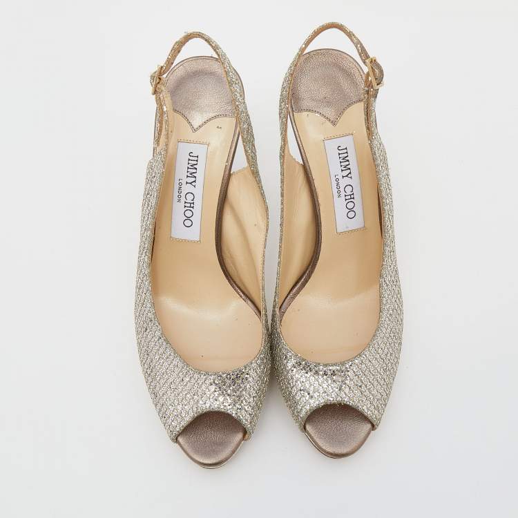 Pre Owned Jimmy Choo Gold Glitter And Lurex Fabric Nova Peep Toe Slingback Sandals Size 38.5