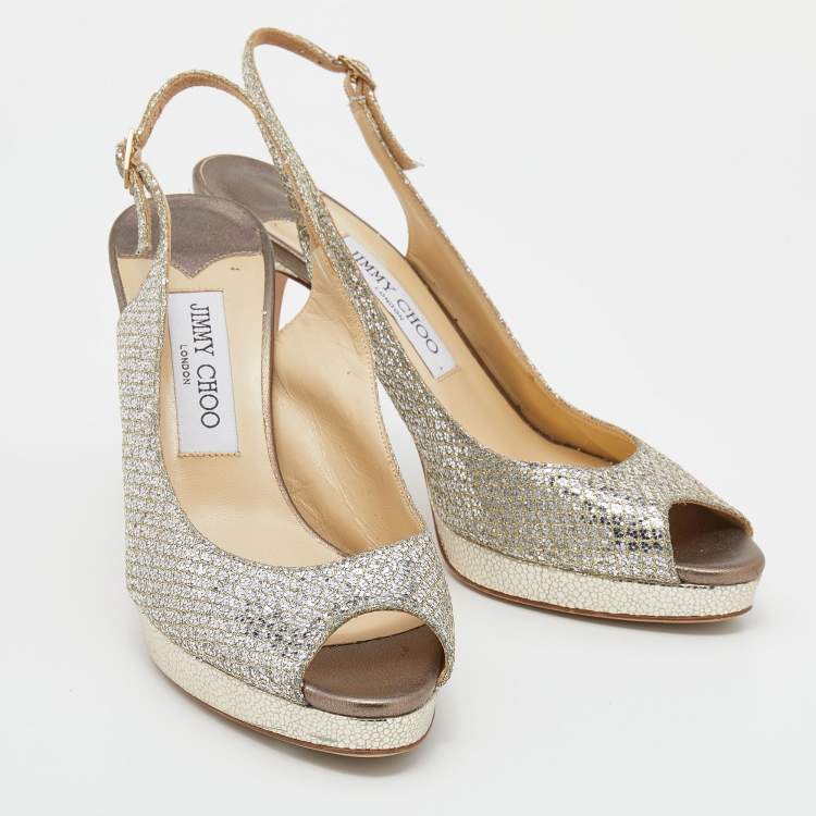 Pre Owned Jimmy Choo Gold Glitter And Lurex Fabric Nova Peep Toe Slingback Sandals Size 38.5
