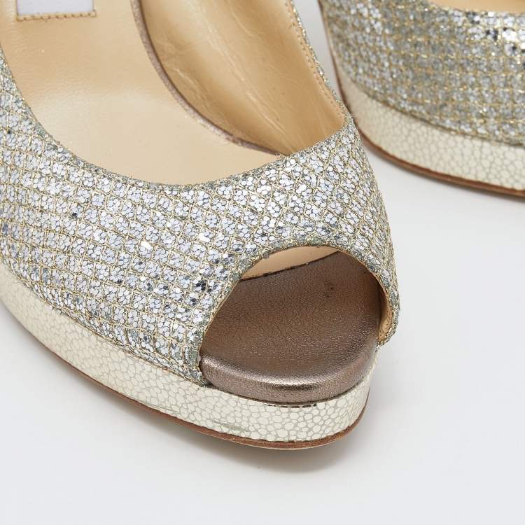 Pre Owned Jimmy Choo Gold Glitter And Lurex Fabric Nova Peep Toe Slingback Sandals Size 38.5