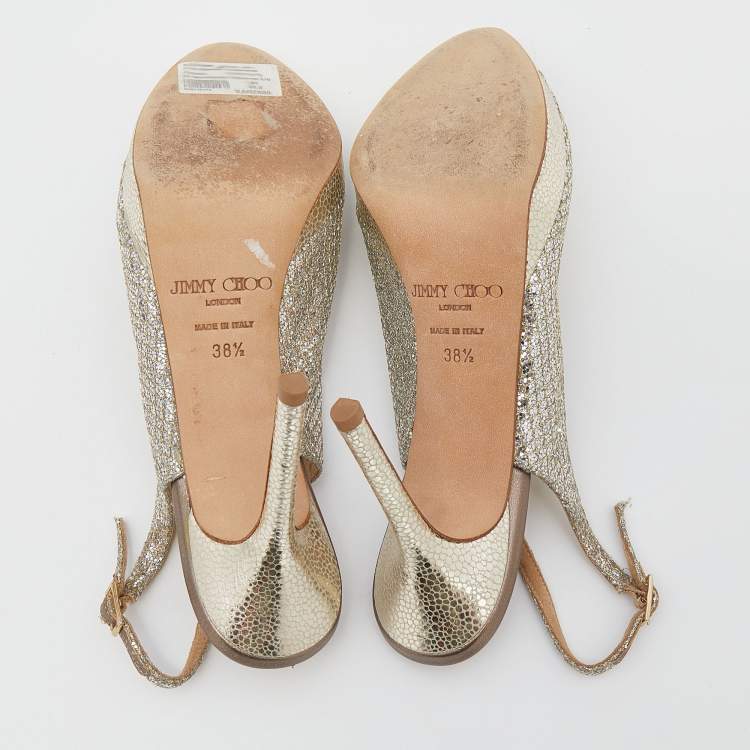 Pre Owned Jimmy Choo Gold Glitter And Lurex Fabric Nova Peep Toe Slingback Sandals Size 38.5